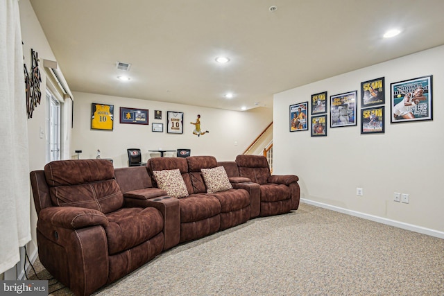 carpeted living area with recessed lighting, stairs, and baseboards