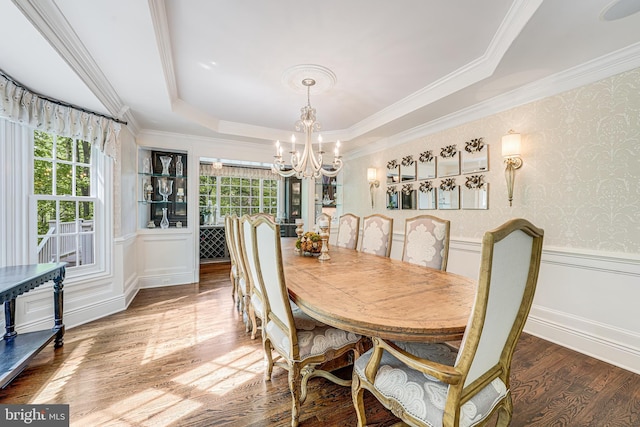 6020 Copely Ln, Mclean, VA 22101 - dining room featuring wainscoting, a raised ceiling, a chandelier, wood finished floors, and ornamental molding