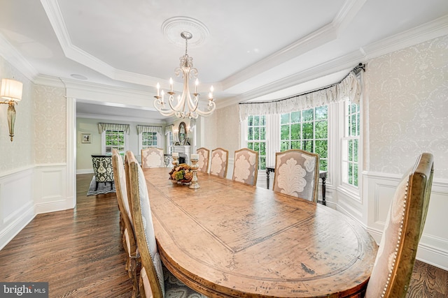 6020 Copely Ln, Mclean, VA 22101 - dining area featuring wainscoting, a decorative wall, a chandelier, a tray ceiling, and ornamental molding