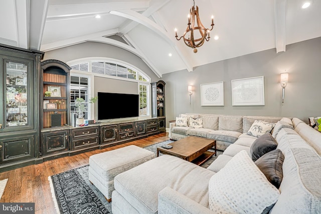 6020 Copely Ln, Mclean, VA 22101 - living area featuring recessed lighting, lofted ceiling with beams, wood finished floors, and a notable chandelier