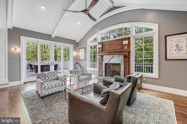 6020 Copely Ln, Mclean, VA 22101 - living room with a ceiling fan, wood finished floors, baseboards, lofted ceiling with beams, and a premium fireplace