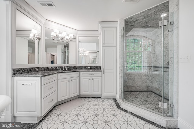 6020 Copely Ln, Mclean, VA 22101 - full bathroom featuring visible vents, a stall shower, a chandelier, and vanity