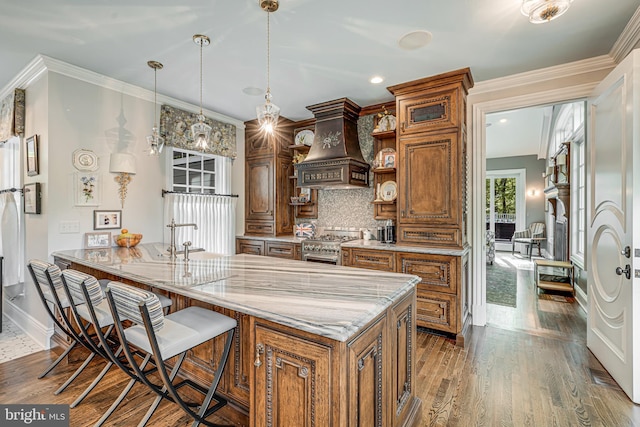 6020 Copely Ln, Mclean, VA 22101 - kitchen with high end stove, tasteful backsplash, light stone countertops, baseboards, and custom range hood