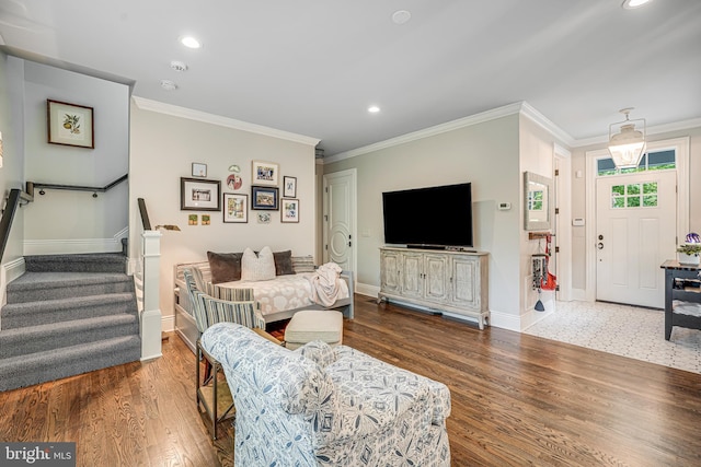 6020 Copely Ln, Mclean, VA 22101 - living room with crown molding, baseboards, stairs, and wood finished floors
