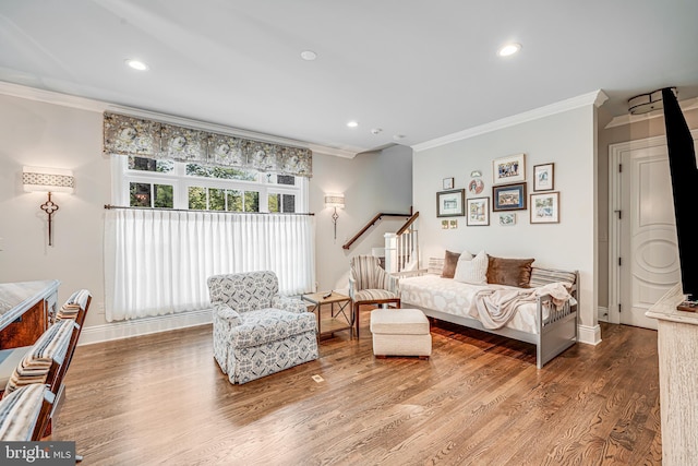 6020 Copely Ln, Mclean, VA 22101 - living room with crown molding, wood finished floors, baseboards, stairway, and recessed lighting