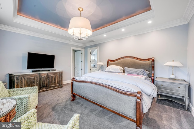 6020 Copely Ln, Mclean, VA 22101 - bedroom with carpet flooring, a raised ceiling, a chandelier, recessed lighting, and baseboards