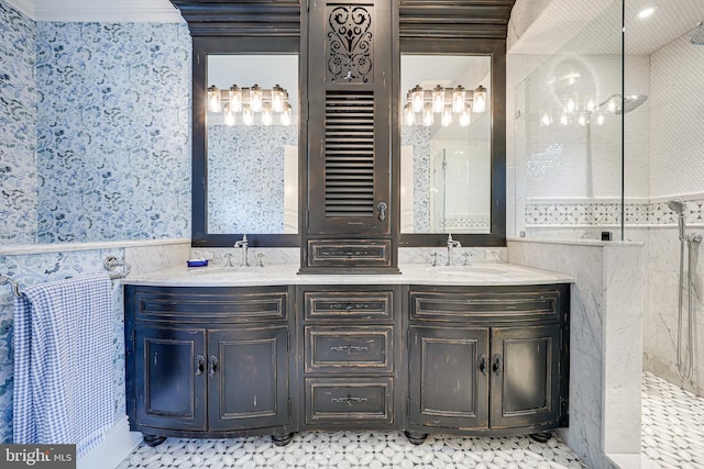 6020 Copely Ln, Mclean, VA 22101 - bathroom featuring wallpapered walls, tiled shower, wainscoting, and a sink