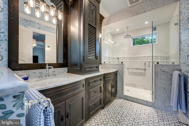 6020 Copely Ln, Mclean, VA 22101 - full bath featuring vanity, ornamental molding, a stall shower, and visible vents
