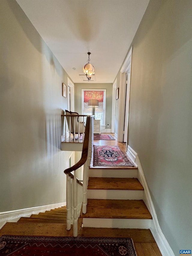 stairs with wood finished floors and baseboards