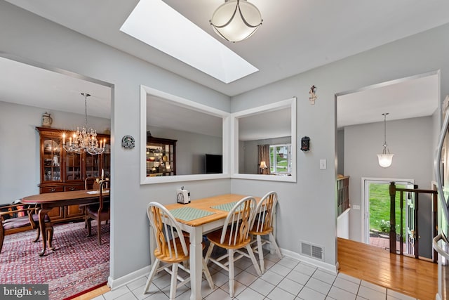 2411 Nickoles Dr, Sykesville, MD 21784 - dining room with a skylight, baseboards, visible vents, and light tile patterned floors
