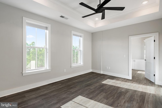 unfurnished room with a healthy amount of sunlight, a raised ceiling, baseboards, and dark wood-style flooring