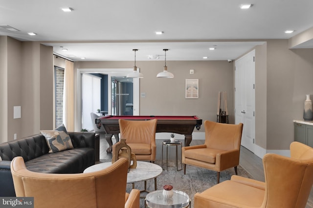 recreation room with visible vents, wood finished floors, baseboards, recessed lighting, and billiards