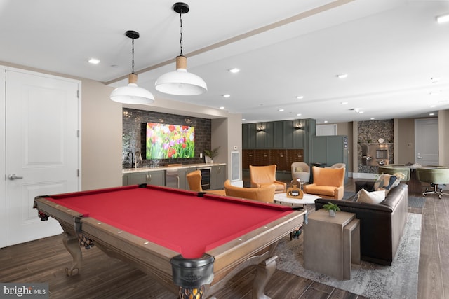 playroom with pool table, beverage cooler, and wood finished floors