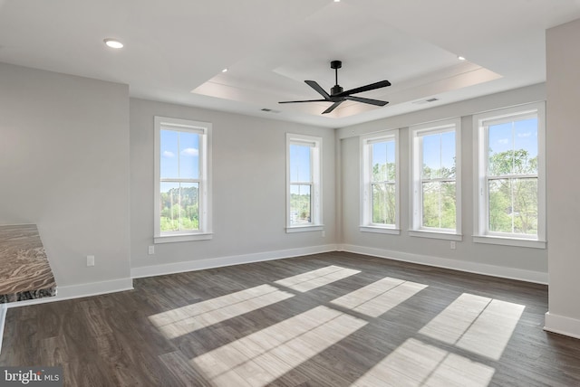 unfurnished living room featuring a tray ceiling, plenty of natural light, and baseboards