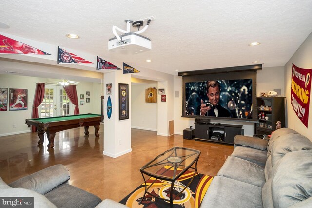 cinema featuring concrete flooring, pool table, baseboards, and recessed lighting