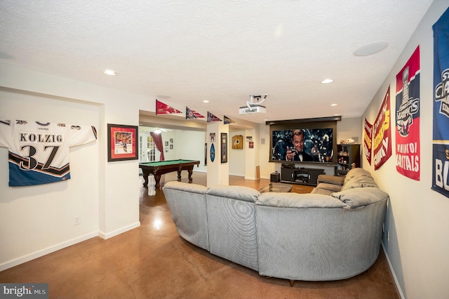 living room featuring a textured ceiling, finished concrete floors, billiards, baseboards, and recessed lighting