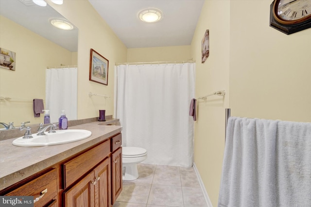 full bathroom featuring vanity, tile patterned floors, toilet, and a shower with curtain
