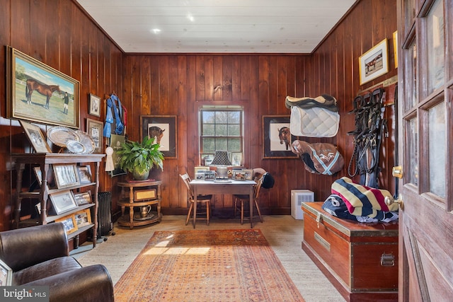 home office with wood walls