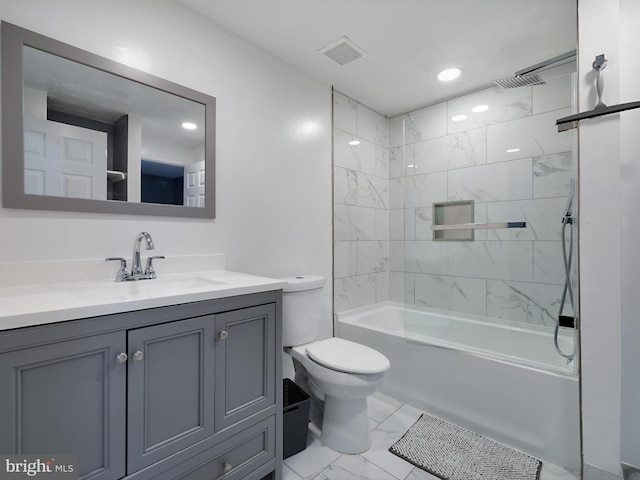 331 Possum Ct, Capitol Heights, MD 20743 - bathroom featuring vanity, shower / bathtub combination, toilet, marble finish floor, and visible vents