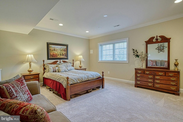 carpeted bedroom with baseboards, ornamental molding, visible vents, and recessed lighting