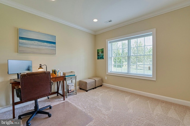 carpeted home office featuring baseboards, visible vents, recessed lighting, and crown molding