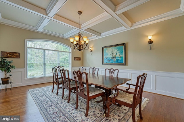dining room featuring coffered ceiling, a notable chandelier, light wood-style floors, and beamed ceiling