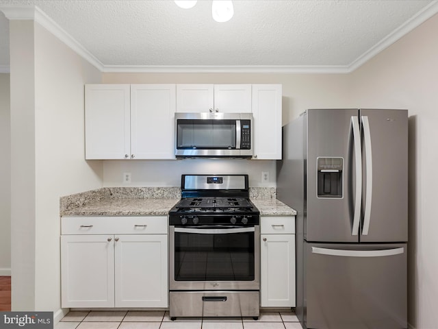 21019 Timber Ridge Ter Unit 102, Ashburn, VA 20147 - kitchen with stainless steel appliances, ornamental molding, white cabinets, a textured ceiling, and light stone counters