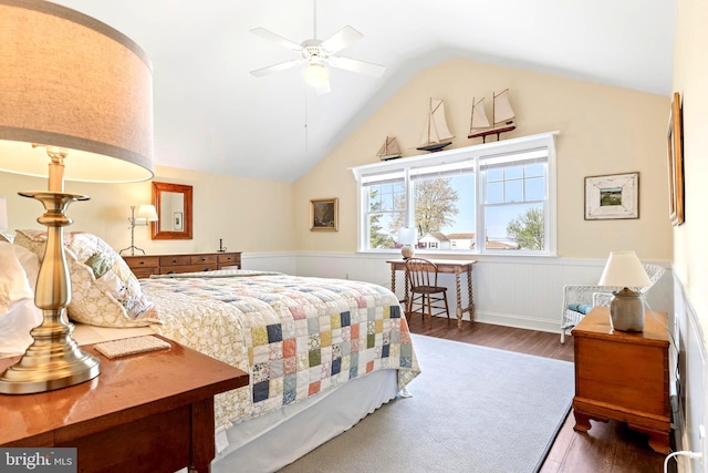9050 Point Ln, Chestertown, MD 21620 - bedroom featuring ceiling fan, vaulted ceiling, wainscoting, and wood finished floors