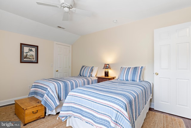9050 Point Ln, Chestertown, MD 21620 - bedroom with visible vents, a ceiling fan, baseboards, and lofted ceiling