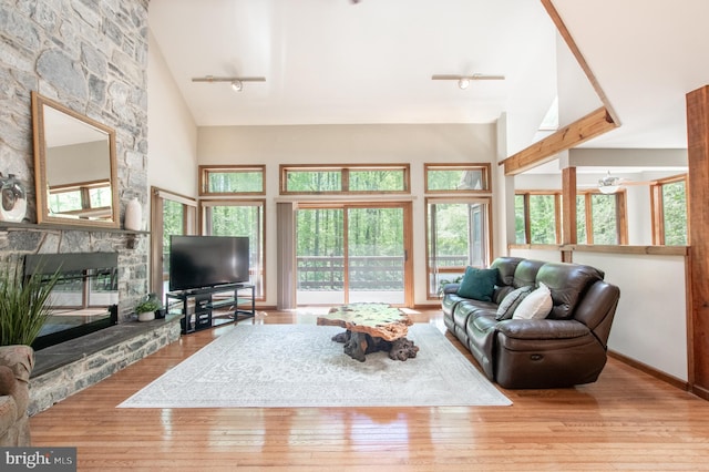 16 Hunters Ln, Chadds Ford, PA 19317 - living room with a fireplace, hardwood / wood-style flooring, and high vaulted ceiling