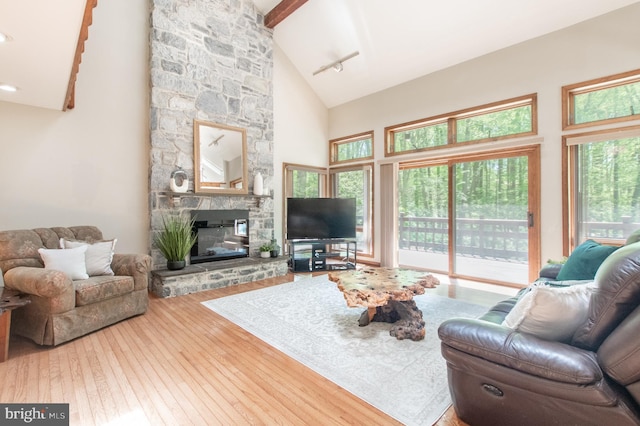 16 Hunters Ln, Chadds Ford, PA 19317 - living room with high vaulted ceiling, a stone fireplace, and hardwood / wood-style floors