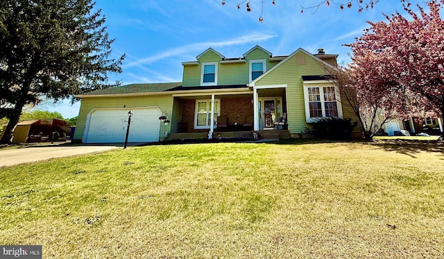 2 King William Ct, Sewell, NJ 08080 - traditional home featuring a porch, an attached garage, a front lawn, concrete driveway, and a chimney