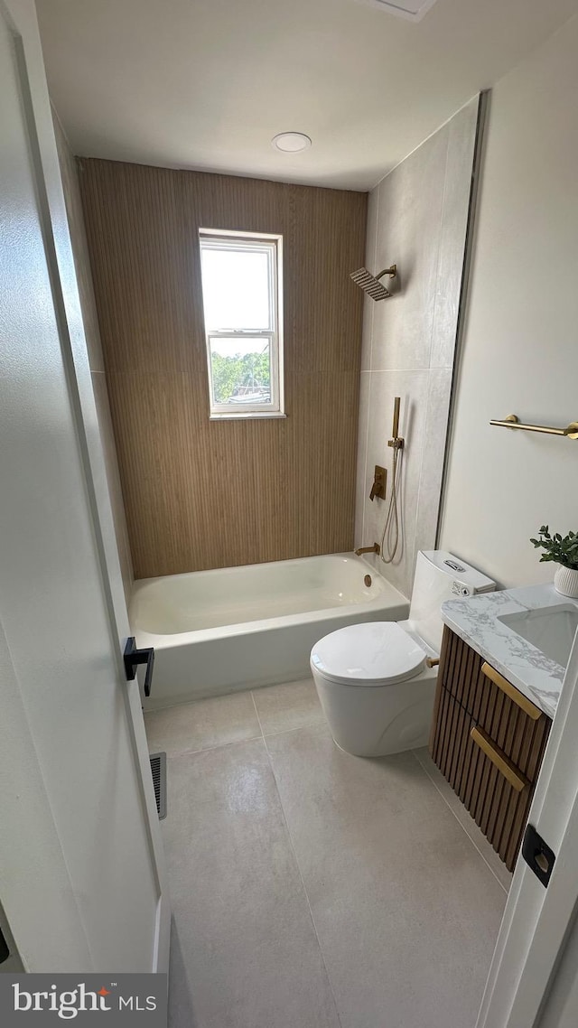 full bath with vanity, toilet, shower / tub combination, and visible vents