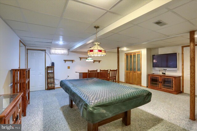 recreation room with pool table, carpet floors, visible vents, and a paneled ceiling