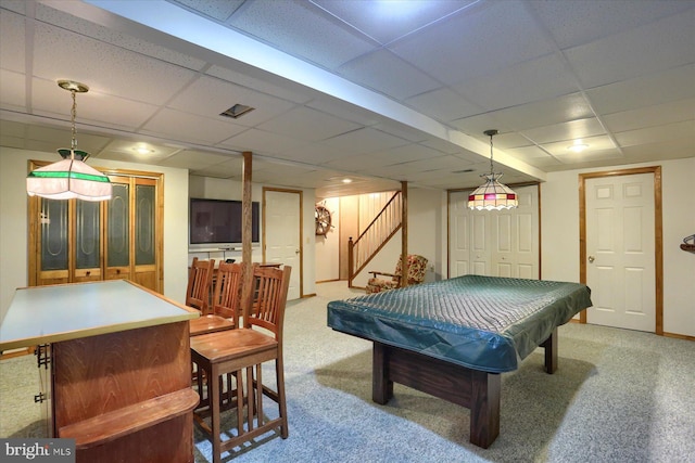 playroom featuring a paneled ceiling, light colored carpet, and billiards