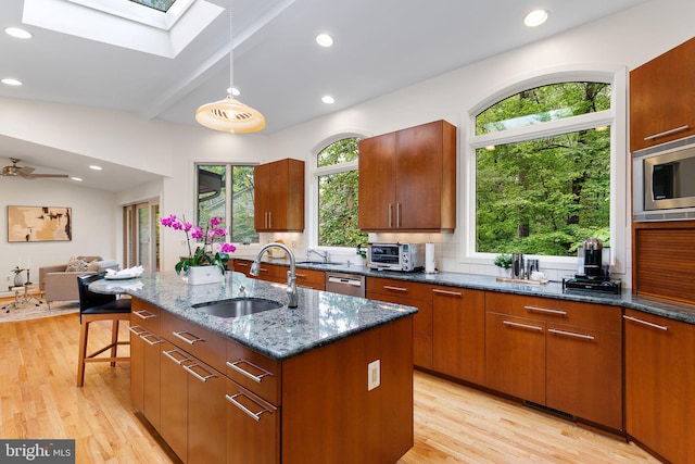 3440 Mansfield Rd, Falls Church, VA 22041 - kitchen featuring a sink, appliances with stainless steel finishes, a skylight, light wood-type flooring, and plenty of natural light