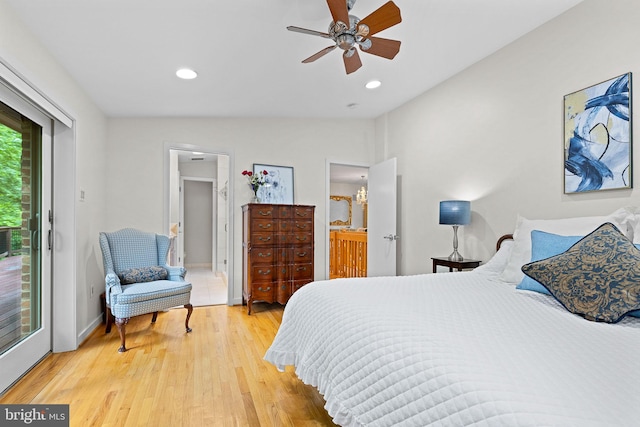 3440 Mansfield Rd, Falls Church, VA 22041 - bedroom featuring access to outside, light wood finished floors, recessed lighting, connected bathroom, and vaulted ceiling