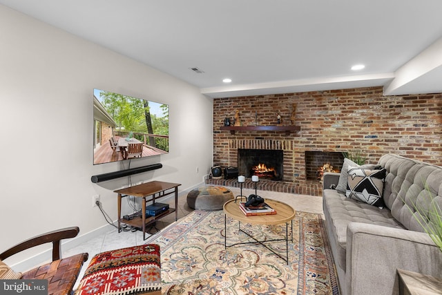 3440 Mansfield Rd, Falls Church, VA 22041 - living room featuring a brick fireplace, baseboards, and recessed lighting
