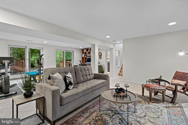 3440 Mansfield Rd, Falls Church, VA 22041 - living area with plenty of natural light, stairway, recessed lighting, light tile patterned floors, and baseboards