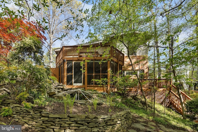 3440 Mansfield Rd, Falls Church, VA 22041 - rear view of house featuring a sunroom, a deck, and stairway