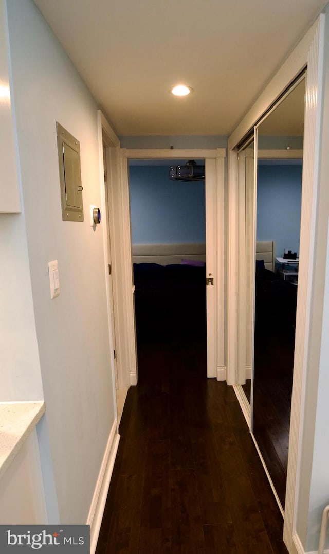 4225 Americana Dr Unit 4225A, Annandale, VA 22003 - hallway featuring recessed lighting, baseboards, dark wood-style floors, and electric panel