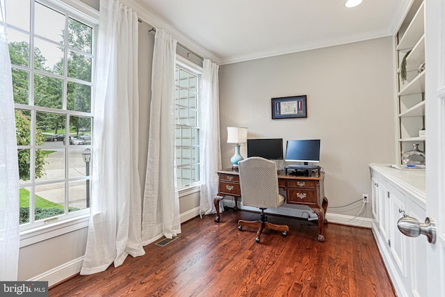 7098 Garden Walk, Columbia, MD 21044 - office area featuring baseboards, crown molding, dark wood-style floors, and plenty of natural light