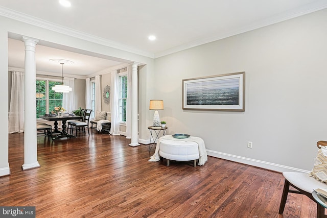 7098 Garden Walk, Columbia, MD 21044 - living area with decorative columns, wood finished floors, baseboards, crown molding, and recessed lighting