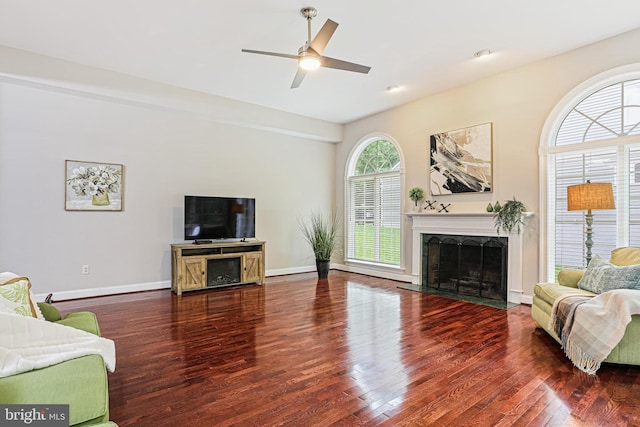 7098 Garden Walk, Columbia, MD 21044 - living room with a fireplace with flush hearth, wood finished floors, a ceiling fan, and baseboards