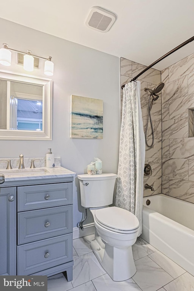 7098 Garden Walk, Columbia, MD 21044 - full bathroom featuring toilet, marble look tile flooring, shower / tub combo with curtain, and vanity