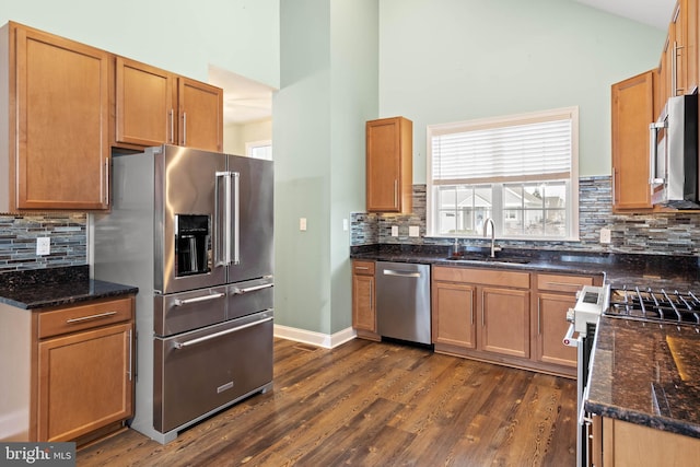 34795 Mute Swan Ln, Rehoboth Beach, DE 19971 - kitchen featuring stainless steel appliances, a sink, backsplash, and dark wood-style flooring