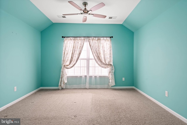 34795 Mute Swan Ln, Rehoboth Beach, DE 19971 - interior space with vaulted ceiling, a ceiling fan, carpet flooring, and visible vents