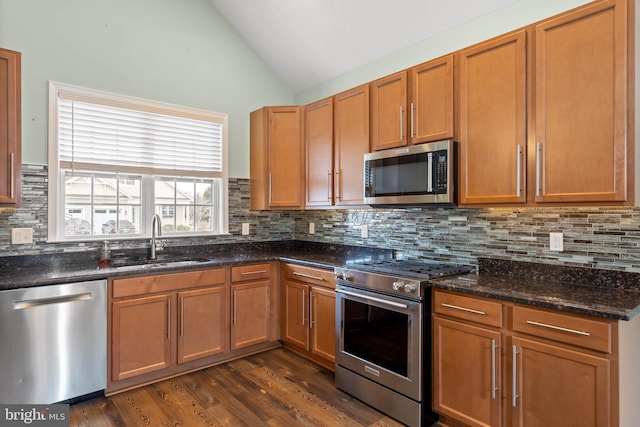 34795 Mute Swan Ln, Rehoboth Beach, DE 19971 - kitchen with stainless steel appliances, dark wood-style floors, a sink, lofted ceiling, and decorative backsplash