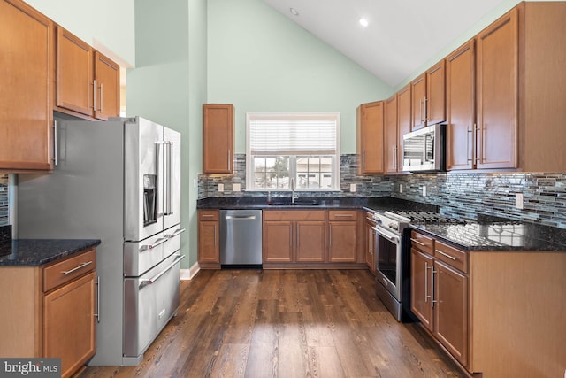 34795 Mute Swan Ln, Rehoboth Beach, DE 19971 - kitchen with high vaulted ceiling, tasteful backsplash, a sink, appliances with stainless steel finishes, and dark wood-style flooring