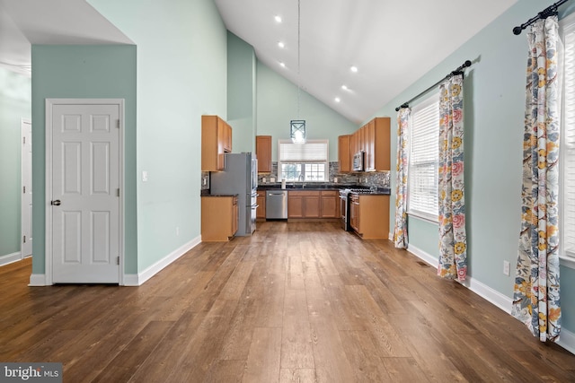34795 Mute Swan Ln, Rehoboth Beach, DE 19971 - kitchen with high vaulted ceiling, hardwood / wood-style flooring, dark countertops, and stainless steel appliances